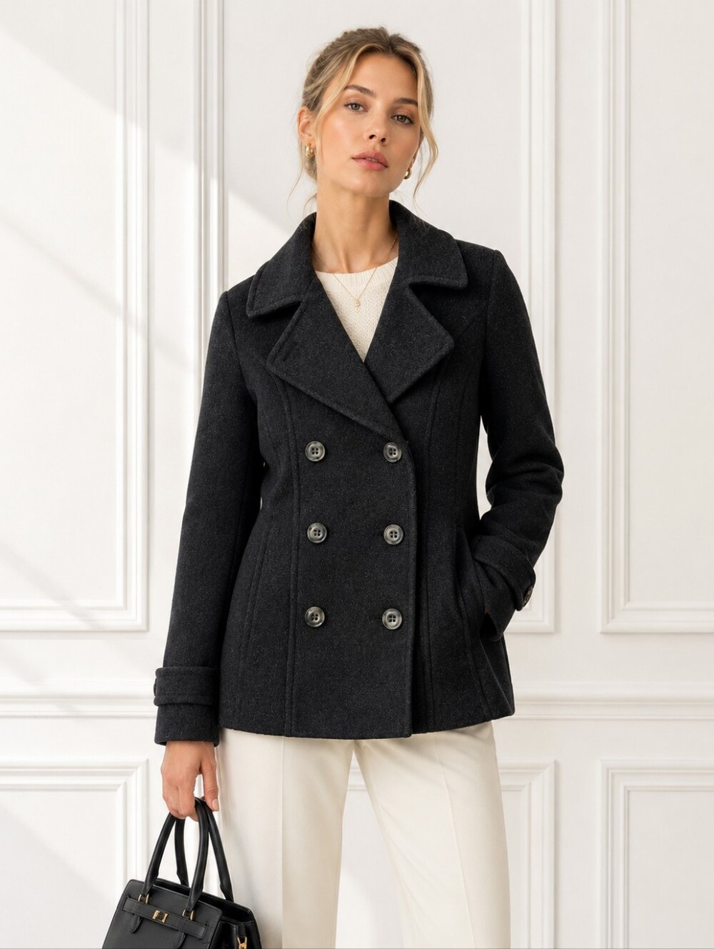 Jason Kole Charcoal Wool Blend Double Breasted Peacoat Jacket Size Large